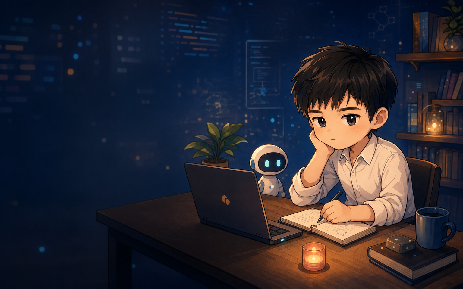 深蓝色个人实验室中,一名记录思考的少年与小型 AI 助手坐在灯火旁